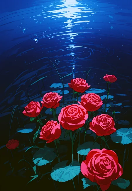 score_9, score_8_up, score_7_up, source_anime, rating_safe, no humans,
water droplet shape, colored outline, bokeh, colors, swirling colors, a rose, transparent water, silhouette
