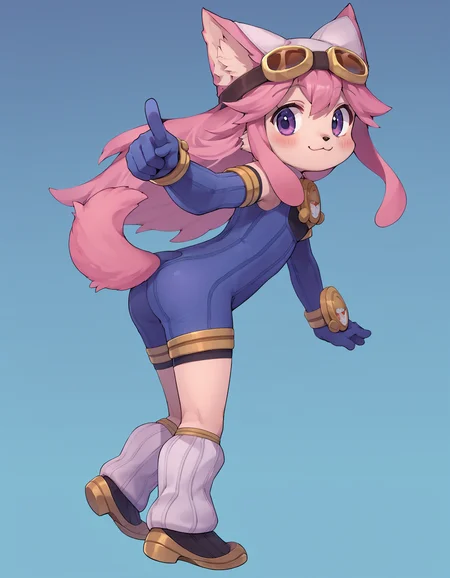 source_anime, score_8_up, score_7_up, rating_safe, chocolatsr, 1girl, furry female, dog girl, pink fur, long hair, pink hair, dog tail, body fur, purple eyes, animal ears, animal nose, bodysuit, elbow gloves, goggles on headwear, leg warmers, boots, blush, smile, :3, closed mouth, solo, full body, standing, from behind, from side, looking back, tail through clothes, cute, pointing, (pointing at viewer:1.2), gradient background, blue background, embedding:zPDXL2