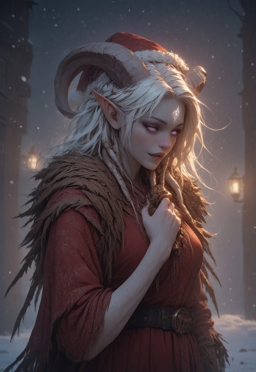 (absurdres, best quality, masterpiece:1.4), score_9, score_8_up, score_7_up, score_6_up, detailed, detailed body, detailed face, world of warcraft, fantasy, <lora:add-detail-xl:1.5>,
fFaceDetail, ((female, draenei, tall, athletic arms, pale white skin, long white hair, purple eyes, no sclera, long white tail), (h0rns, ram horns, white horns),
(long fingers, gold fingernails, gold nail polish)),
alone, upper body, standing, looking toward viewer, soft smile, holding a present towards the viewer,
Red santa dress with a white fur trim, red santa hat with a white fur trim, black belt with a gold buckle,
depth of field, evening, outdoor, harbour, snowing, light snow