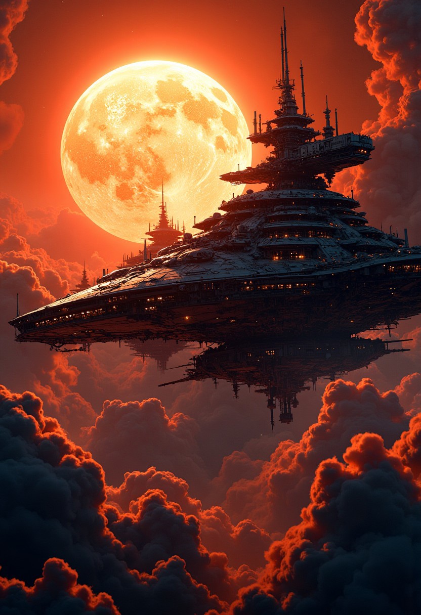 best quality, masterpiece, large capital spaceship, a supermassive dull sun in the background, cinematic, dynamic photorealistic image, High Definition HD, High Detail, Perfect Composition