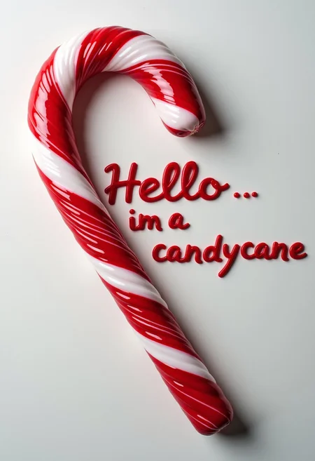 made out of candycane, the text " Hello im a Candycane " prominently displayed on the image