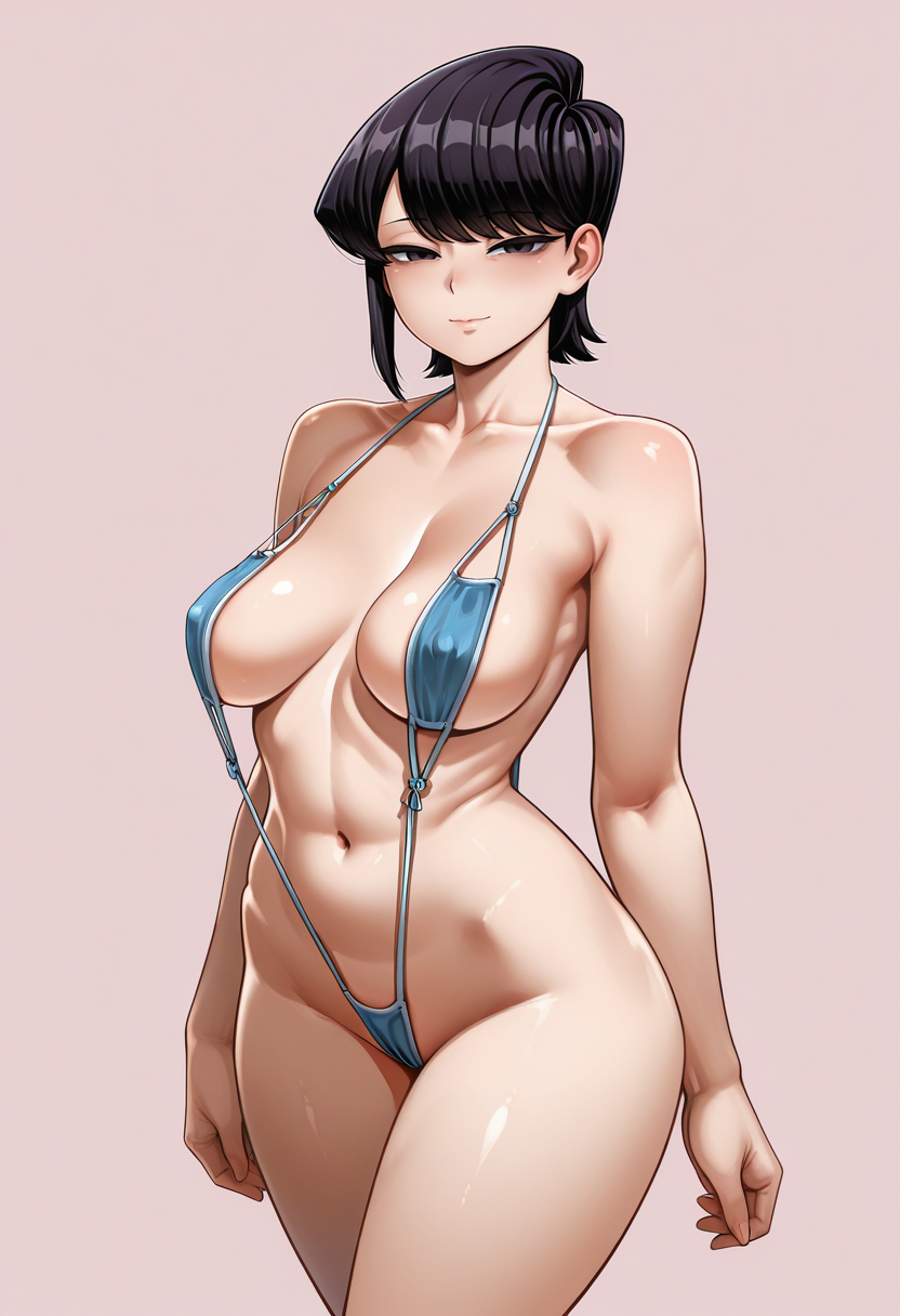masterpiece,best quality,absurdres, amazing quality,
1girl, solo,
standing,
looking at viewer, half-closed eyes, light smile, 
simple background, pink background, 
crop top, strapless, 
<lora:Neromashin_Style_SKNSFW:0.8> Neromashin_Style_SKNSFW, 
 <lora:slingshot_mask:0.8> 5l1ngsh0t_m45k, slingshot swimsuit, komi shuuko, short hair, black hair,  mature female, medium breasts,