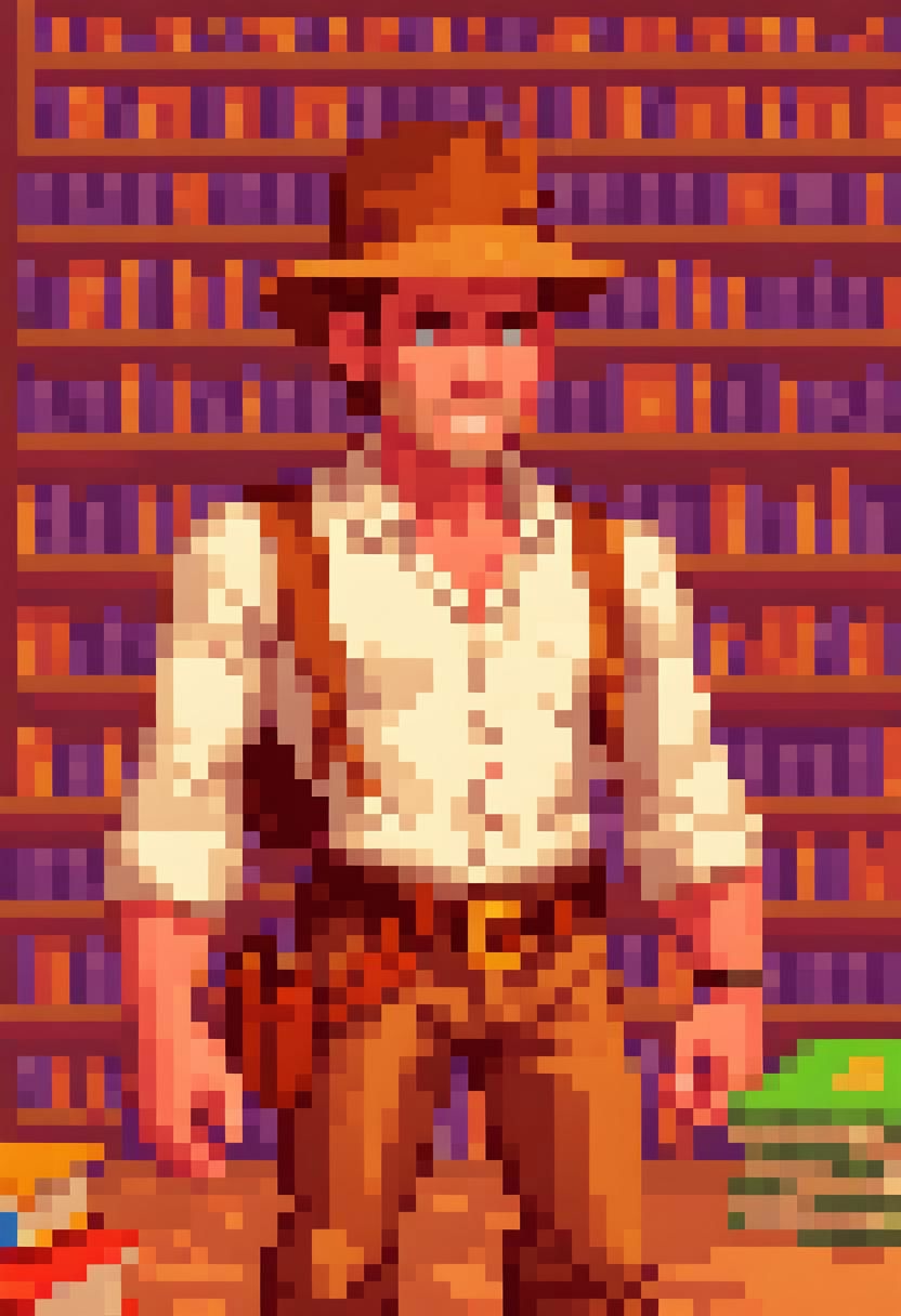 pixel art PixArFK
lucasarts style,  
  indiana jones in a library