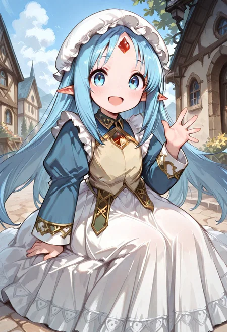 masterpiece, best quality, good quality, very awa, very aesthetic, absurdres, newest, gr4ph1t3, beautiful eyes, perfect eyes, detailed eyes, 1girl, solo, eset_kalar_il ,pointy ears,blue hair,long hair,blue eyes,red gem forehead,, Victorian style maid clothes, full sleeves, long apron, classic, maid mob cap, beautiful eyes, looking at viewer, happy, open mouth, on knees, very cute, blush, heartwarming, waving hand, closeup, outdoors, intown, fantasy