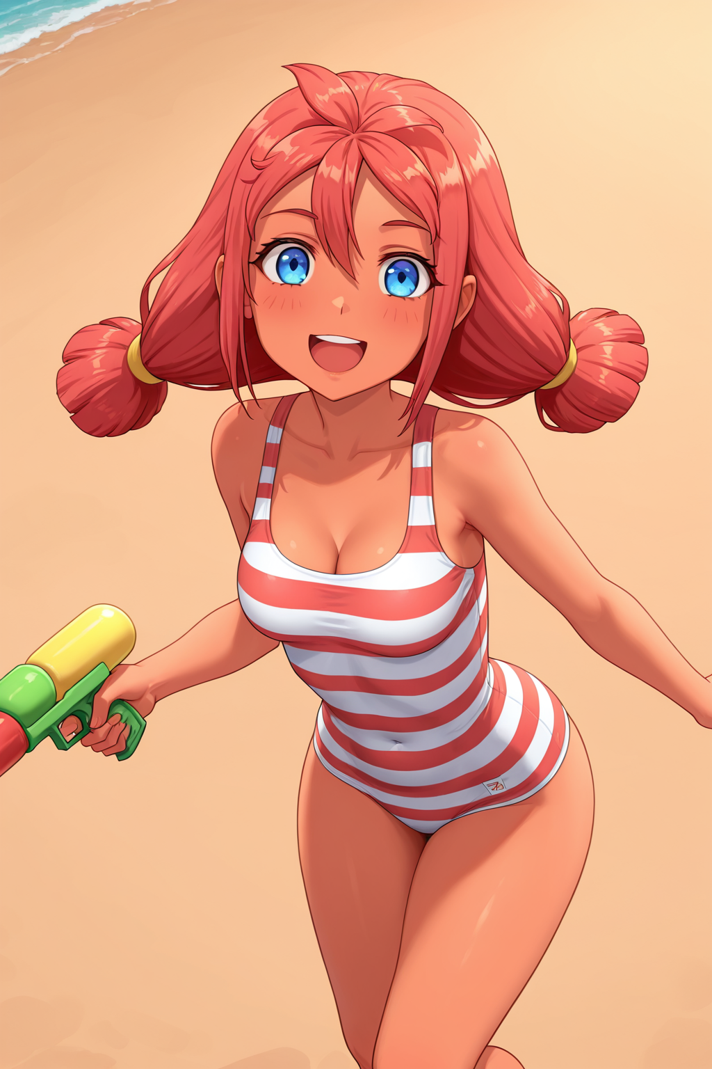FUlyanaF, blue eyes, red hair, 1girl, solo, water gun, striped swimsuit, happy, medium breasts, cleavage, beach, simple background, soft, smooth, very aesthetic, masterpiece, best quality, amazing quality, 8k, ultra-HD, high detail