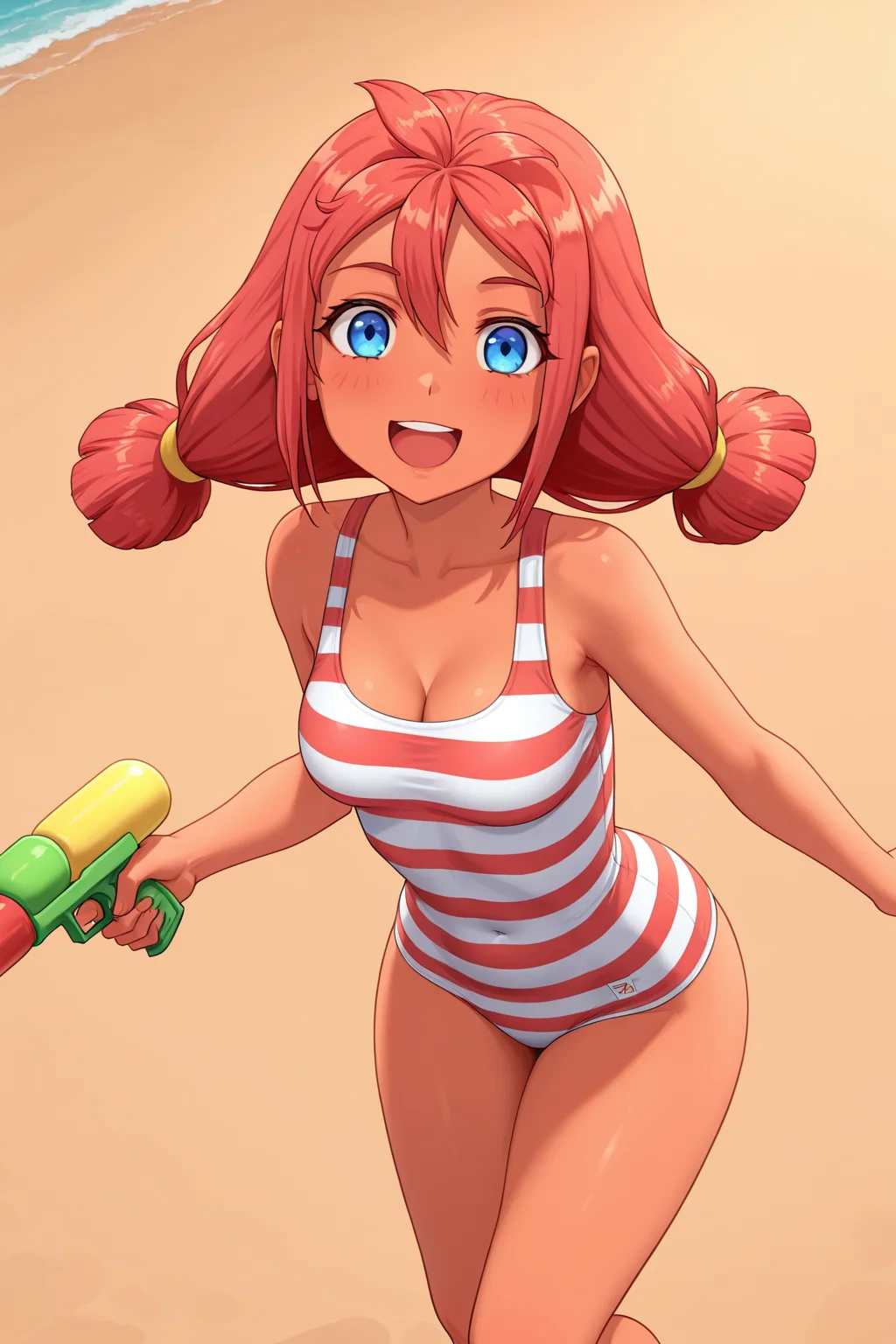 FUlyanaF, blue eyes, red hair, 1girl, solo, water gun, striped swimsuit, happy, medium breasts, cleavage, beach, simple background, soft, smooth, very aesthetic, masterpiece, best quality, amazing quality, 8k, ultra-HD, high detail