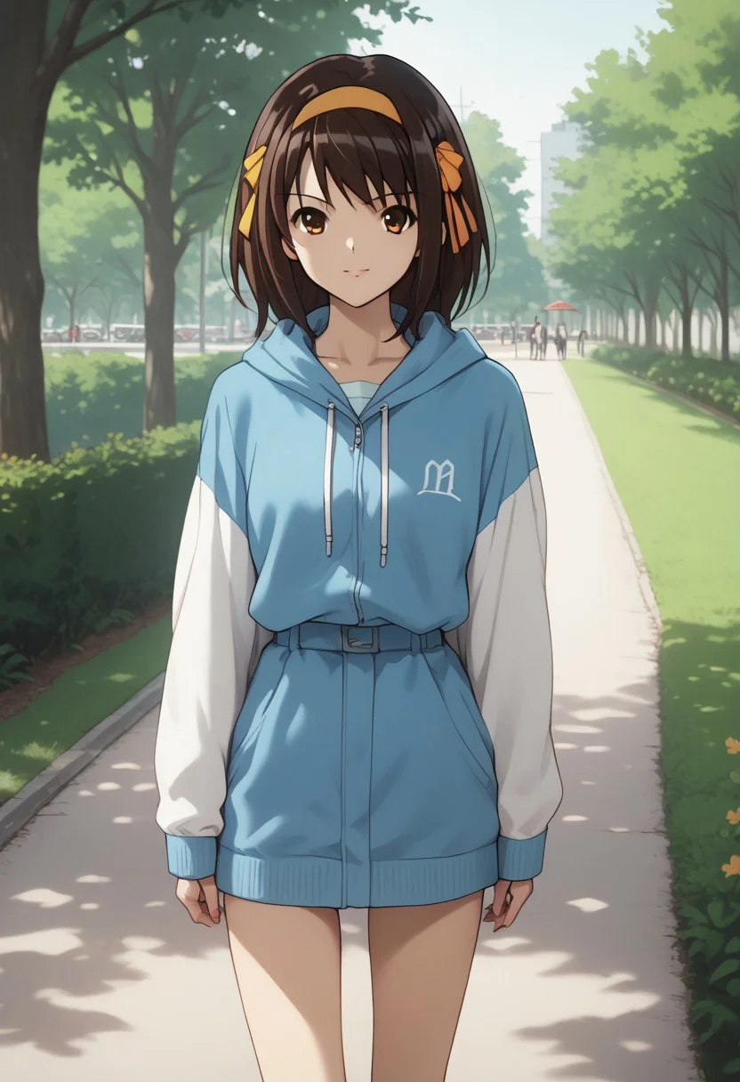 score_9, score_8_up, score_7_up, source_anime, standing in a park, look at viewer, realistic soft light, zmzq, Haruhi Suzumiya