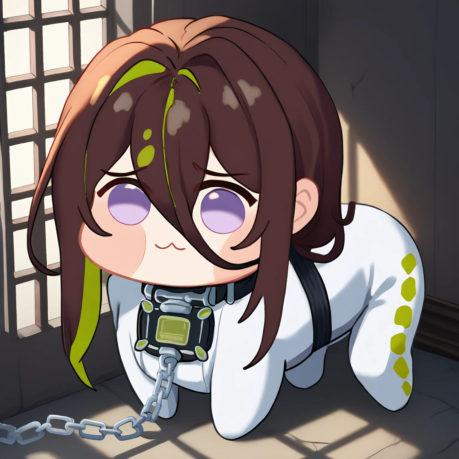 <lora:Doro_X_PDXL_V1:1> score_9, score_8_up, score_7_up BREAK source_cartoon, doro, creature, chibi, four legs, solid circle eyes, <lora:guilty-nikke-richy-v1_pdxl:0.9> guilty, brown hair, green hair, colored inner hair, multicolored hair, hair between eyes, purple eyes, white bodysuit, collar, straitjacket, chain, chains, chained, restrained, prison, indoors, soft lighting, dramatic lighting