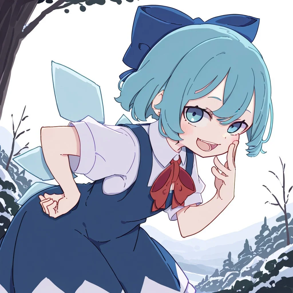 masterpiece, best quality, very aesthetic, absurdres, artist:kame \(kamepan44231\), by kame, kame_official, 1girl, cirno, :D, blue bow, blue dress, blue eyes, blue hair, bow, bowtie, cowboy shot, dress, hair between eyes, hair bow, hand on own hip, hand to own mouth, ice, ice wings, leaning forward, looking at viewer, open mouth, pinafore dress, red bow, red bowtie, shirt, short hair, short sleeves, sleeveless dress, smile, solo, white shirt, wings
