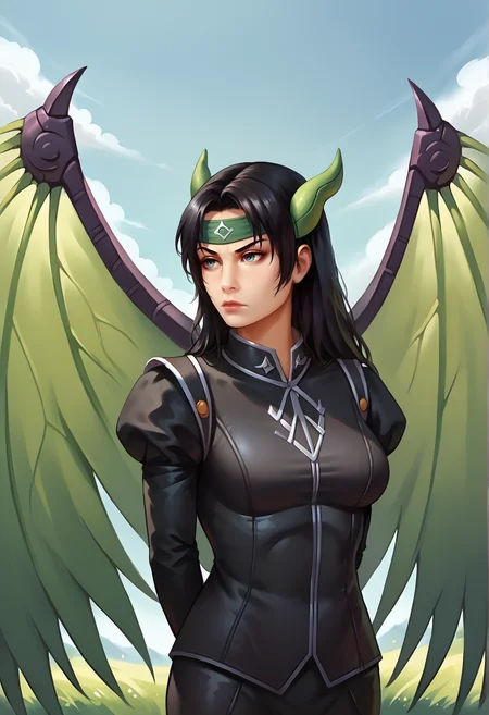 score_9,score_8_up,score_7_up, 1girl, solo, half body,hands behind back, serious face, outdoors, skies,
<lora:YuPaChu_-_Artist_style:0.9> ss-YPC$tyl3, <lora:Rose:0.7> Roze, black hair, long hair, horn headband, armored jacket, black jacket, puff sleeve, miniskirt, long sleeves, green wings, large wings
