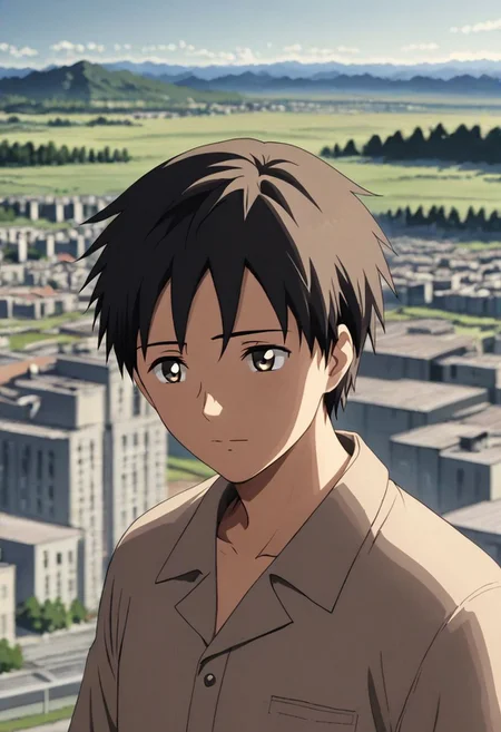 high resolution, solo, best quality, 1Boy, Takaki Toono, Brownish Hair, Brown Eyes, high-rise, top of building, landscape, shallow depth of field, OverallDetail