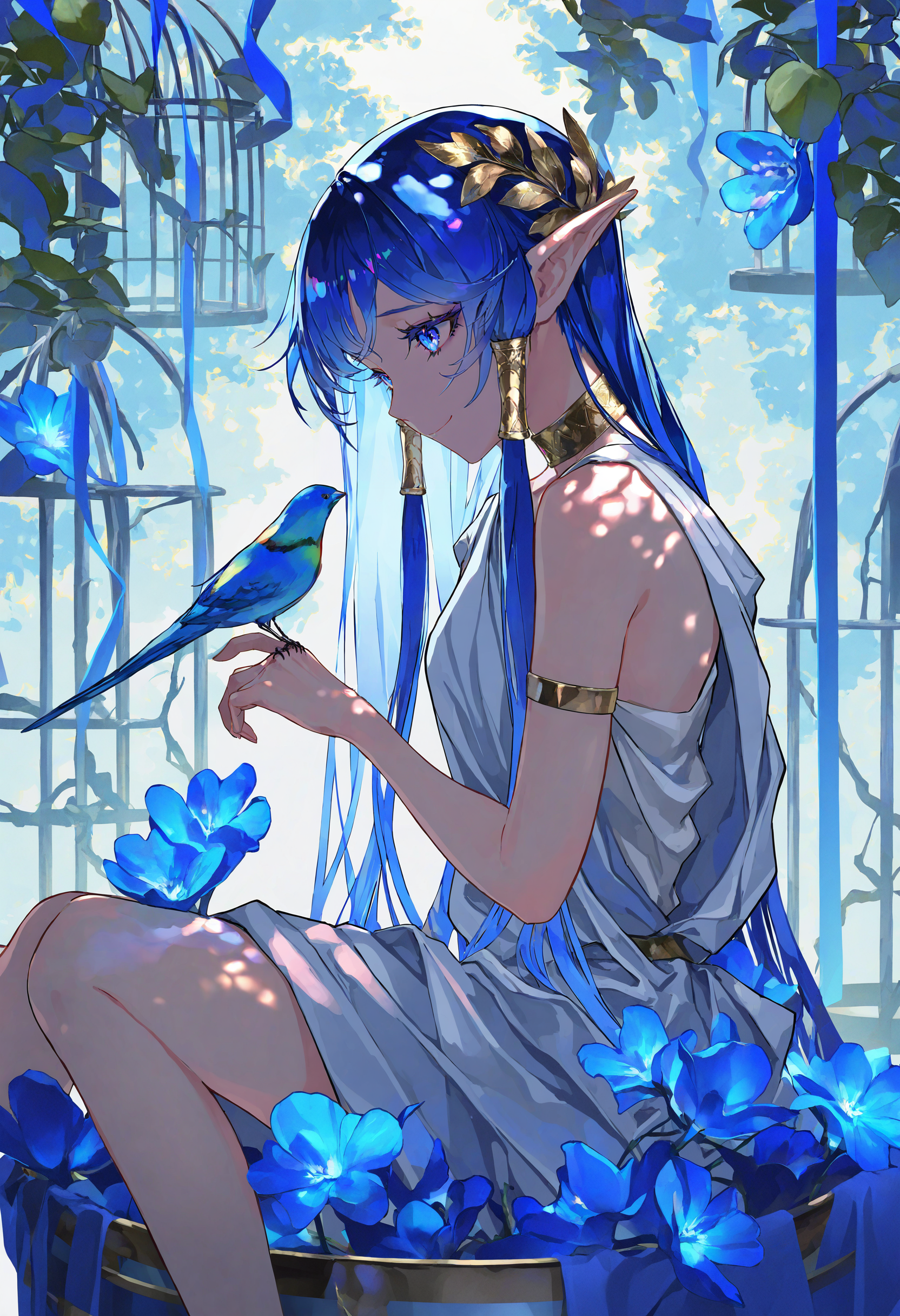 artist:[diyokama|say hana|yoneyama mai|lam \(ramdayo\)],
1girl, solo, pointy ears, hair tubes, toga, greco-roman clothes, ancient greek clothes, gold choker, single bare shoulder, sad smile,
blue eyes, cage, sitting, bare shoulders, blue hair, flower, long hair, from side, jewelry, sleeveless, hair ornament, in container, bird on hand,
bright, backlighting, dappled light, tree shade, colorful, blue theme,
masterpiece, best quality, very awa, absurdres
<lora:noobai_vpred_1_ ancient_greek_clothes_v1:1>