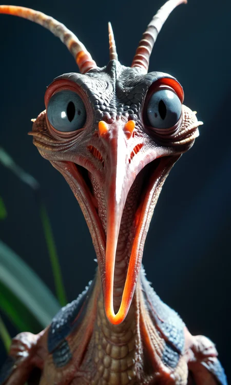 a close up of a bird with a very large beak and a very long neck and a large head, Adam Rex, weta digital, a character portrait, antipodeans, subsurface scattering, ultra hd, 4k, high def, Photorealistic, Hyperrealistic, Hyper detailed, analog style, realistic, masterpiece, best quality, ultra realistic, 8k, Intricate, High Detail, film photography, soft lighting, heavy shadow
