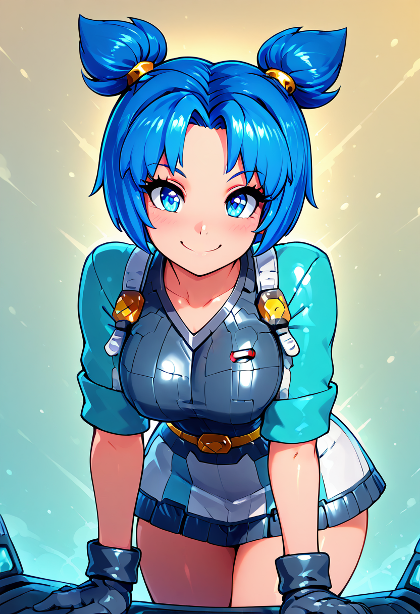 masterpiece, best quality, solo, curvy, beautiful eyes,  zzVela, blue eyes, blue hair, short hair, twintails, short twintails, gloves, skirt,   <lora:VelaJetforce_IXL:1.0>,, cowboy shot, leaning forward, smile, looking at viewer, shiny skin,
