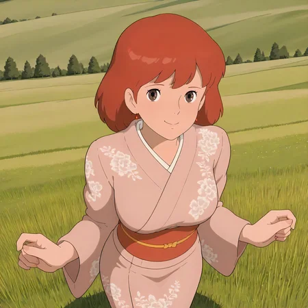 <lora:NotVotW_NausicaaXLIllustrious022>,
masterpiece,best quality,good quality,newest,
outdoors,detailed background,grassland,nature,
smile,
looking at viewer,
solo,
VWNausicaa,1girl,brown hair,medium hair,brown eyes,
breasts,
standing,
print_kimono,