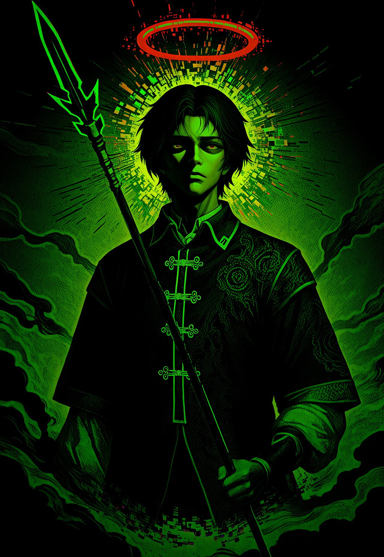 masterpiece, very aesthetic, newest, high score, best quality, absurdres, End_Dynasty_Warriors_4, 1solo, 1boy, male focus, shirt, upper body, collared shirt, abstract, short hair, face halo, vapor, smoke, glitch, chinese clothing, warrior, glowing, spear, holding weapon