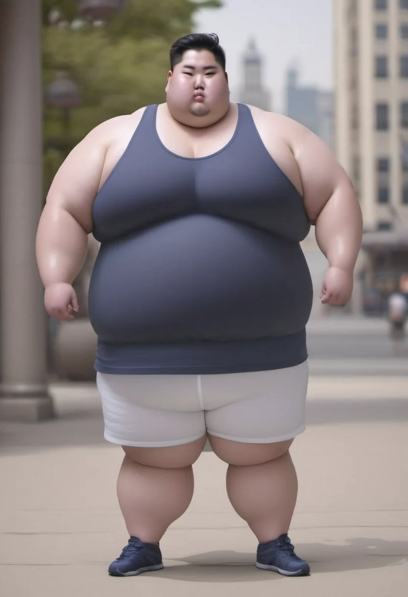 <lora:runga_8.1:0.78>thick arms, fat japanese young man, obese, superchub, male focus, fattest, fat,(navy cotton thin tank top,in city:3.0)