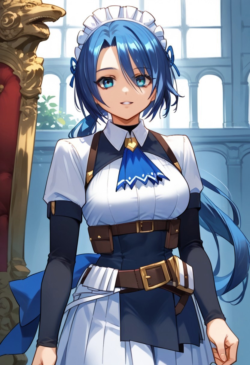 zPDXL3, score_9_up, score_8_up, score_7_up, (Anime_source), 1girl, Zoe, blue eyes, blue hair, long hair, low ponytail, Zoe maid outfit, headdress, cowboy shot, looking at viewer, floating hair, parted lips, smile, indoor, formal