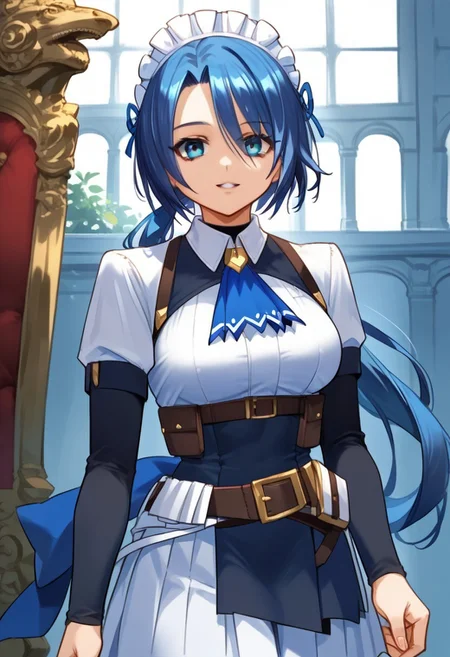 zPDXL3, score_9_up, score_8_up, score_7_up, (Anime_source), 1girl, Zoe, blue eyes, blue hair, long hair, low ponytail, Zoe maid outfit, headdress, cowboy shot, looking at viewer, floating hair, parted lips, smile, indoor, formal