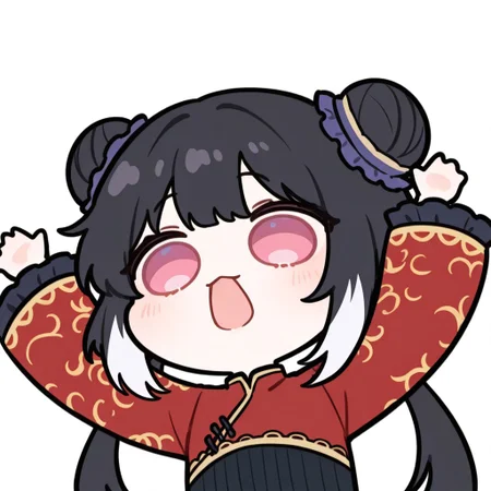 1girl, solo, solo focus, chibi style deformed, upper body, simple background, white background,masterpiece, perfect face, beautiful face,arms up,<lora:Jia_Xichun_Illustrious:1>, 1girl, solo, JiaXichunLimbus, long hair, twintails, multicolored hair, black hair, white hair, double bun, pink eyes, chinese clothes, black clothes, china dress, open mouth