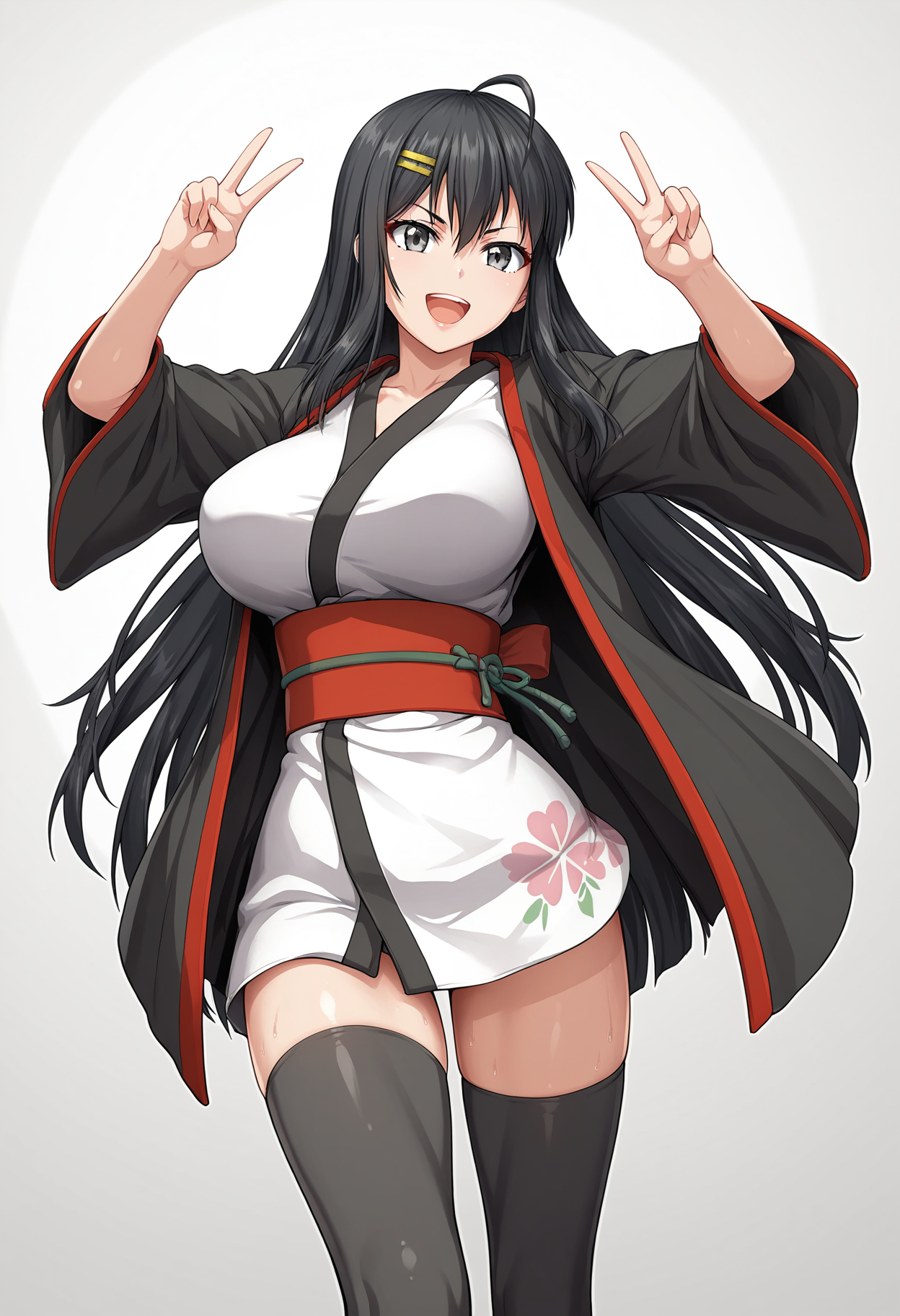 score_9, score_8_up, score_7_up,source_anime,,anatomically correct,best perspective BREAK 
1girl, <lora:Kamiyashiro Mukuro-ç¥å«ä»£ ç¡é»:1> kamiyashiro mukuro\(samurai vandalism)\, black hair, long hair, hair ornament, hairclip, large breasts, black eyes, black thighhighs, short kimono, japanese clothes, black clothes, double v, standing, upper teeth only,