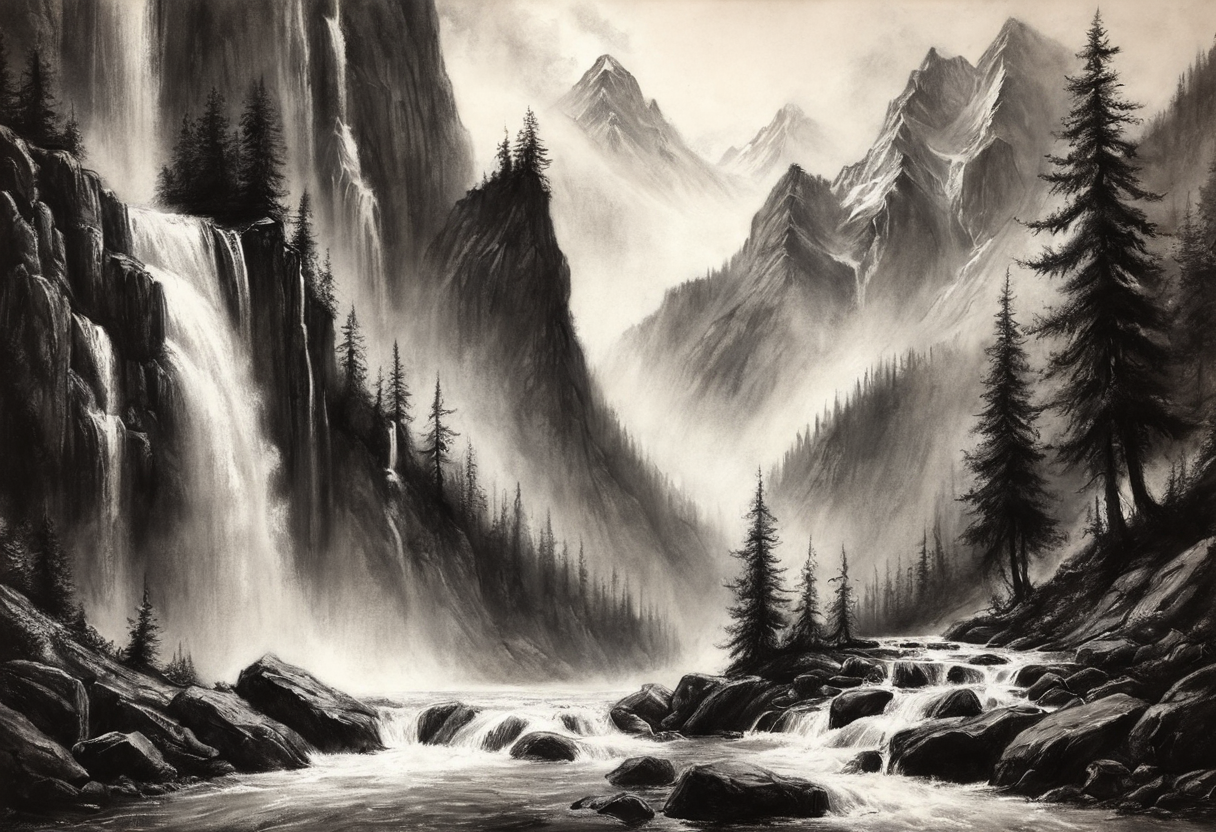 <lora:Charcoal1.0:0.5>, fantasy, mountains, waterfall, Charcoal Drawing, 