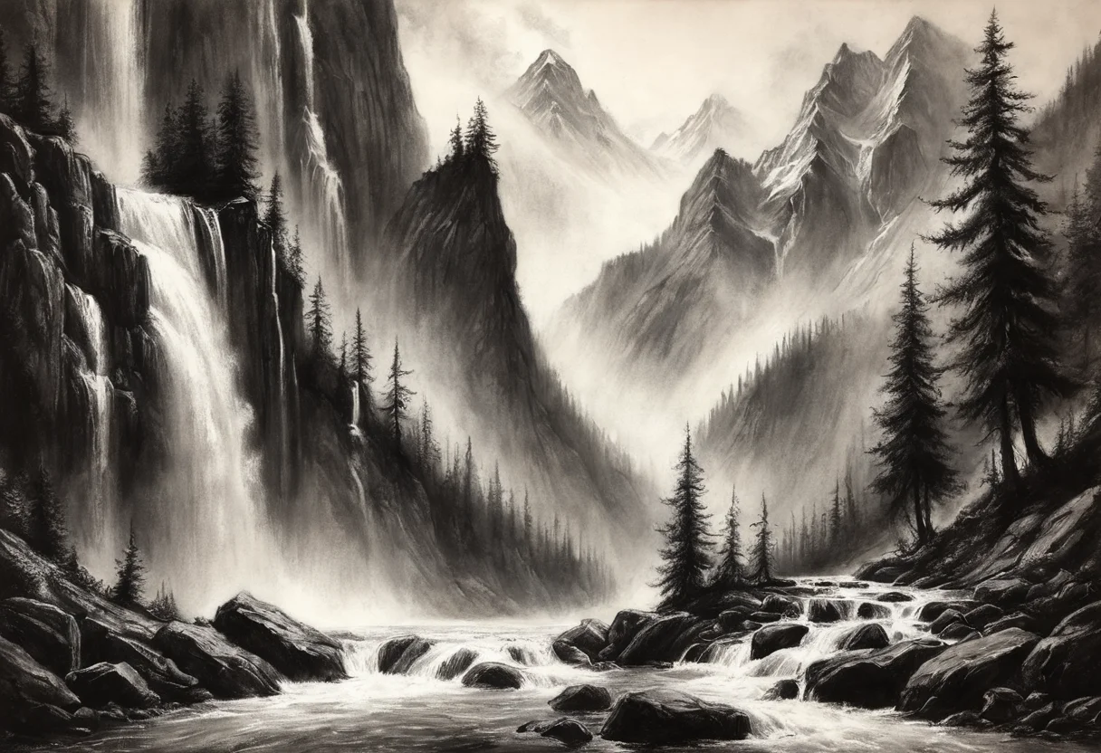 <lora:Charcoal1.0:0.5>, fantasy, mountains, waterfall, Charcoal Drawing,