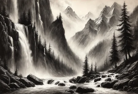 <lora:Charcoal1.0:0.5>, fantasy, mountains, waterfall, Charcoal Drawing,