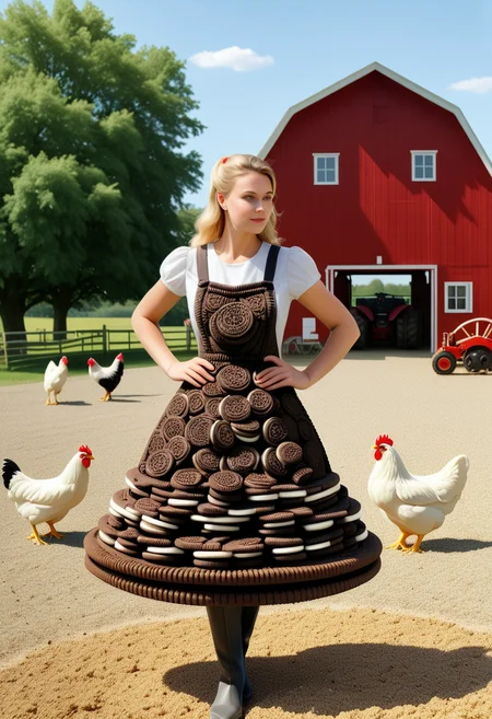 woman wearing a dress made of creamy cookies, set in Farmyard, open area with a mix of gravel and dirt, various farming equipment scattered around, chickens pecking at the ground, large red barn in the background, ,Masterpiece,best quality, photo, realistic, very aesthetic,