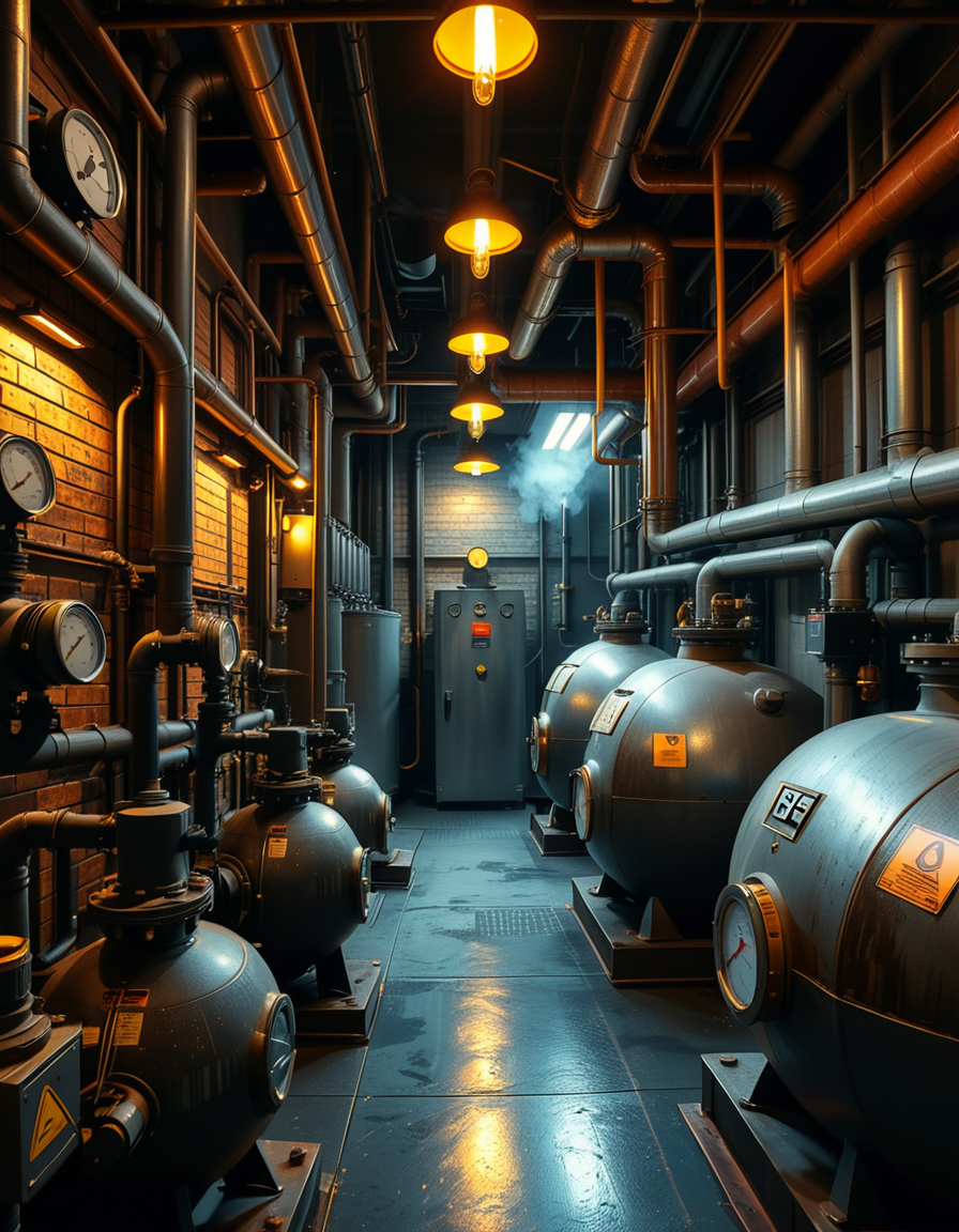 A highly detailed and realistic photograph of an industrial boiler room filled with large metal boilers, complex pipe systems, and pressure gauges. The room is dimly lit with a mix of warm yellow lighting from overhead industrial lamps and cool blue reflections from metallic surfaces. The air is slightly hazy with steam escaping from some of the pipes. The floor is made of reinforced concrete with visible stains from oil and water. Various control panels with blinking LED indicators and warning signs are mounted on the walls. The atmosphere is rugged and mechanical, evoking a sense of power and industrial efficiency. The depth of field is sharp, capturing intricate details such as rust on old pipes, the texture of the metal surfaces, and the labels on the control panels. The composition emphasizes symmetry, with pipes and machinery creating a structured, almost futuristic aesthetic. 
<lora:SDXLFaeTastic2400:0.4> <lora:extremely_detailed:0.4> extremely detailed,<lora:industrial_boiler_room:1>,industrial b01l3r r00m, Masterpiece,best quality,hi res,8k,hi res,8k,award winning,(sharp focus, intricate, highly detailed),