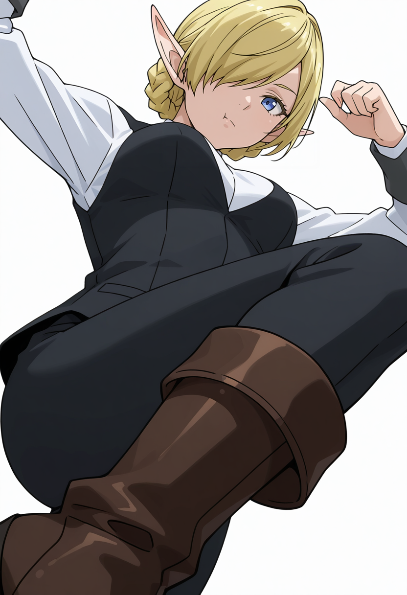 Smooth Quality,masterpiece,very intricate, high quality details, ultra realistic, high detailed skin,detailed enviorement,absurdres, 
simple background, white background, 
from below,dancing,
:t,solo, 
 <lora:Kagali_cnn:0.8> 1girl, short hair, blonde hair, blue eyes, pointy ears, braid, hair over one eye, elf,suit, white shirt, formal, long sleeves,  pants, boots,