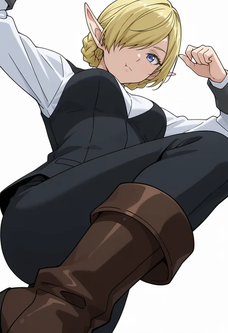 Smooth Quality,masterpiece,very intricate, high quality details, ultra realistic, high detailed skin,detailed enviorement,absurdres,
simple background, white background,
from below,dancing,
:t,solo,
<lora:Kagali_cnn:0.8> 1girl, short hair, blonde hair, blue eyes, pointy ears, braid, hair over one eye, elf,suit, white shirt, formal, long sleeves, pants, boots,