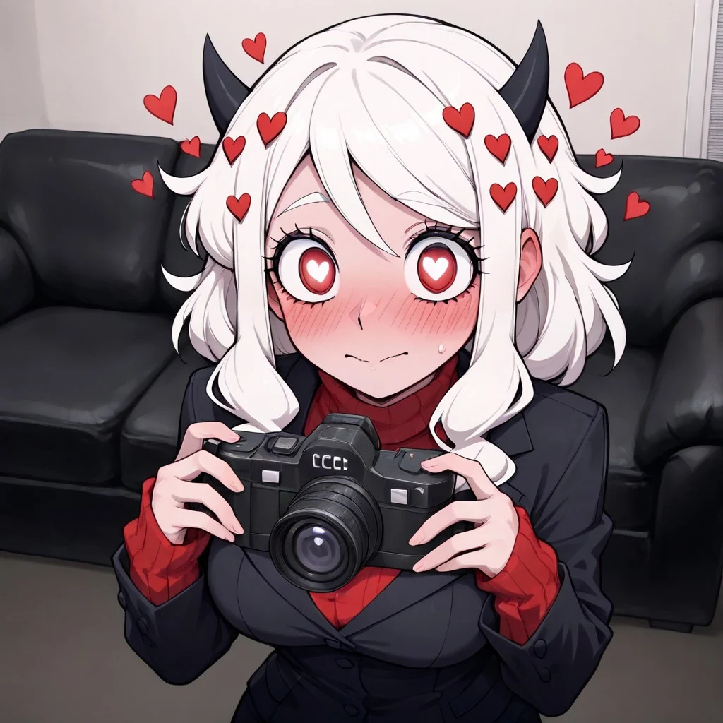 masterpiece, best quality, newest, absurdres, highres, anime, anime style, CCV1.0-IL, couch, black couch, casting couch, camera, 1girl, modeus (helltaker), white hair, horns, hearts, symbol shaped pupils,