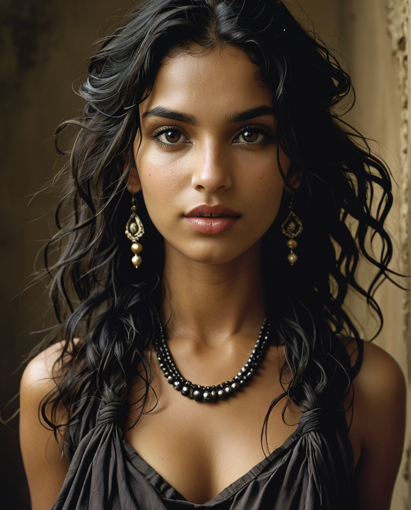Half-length portrait of a gypsy girl (Anna Dittmann features), front view, wavy black hair, loose and messy hair, locks on the face, wind, hyper-detailed black eyes, direct gaze, dark skin, straight nose, full lips, ( open mouth: 0.5), (smile:0.5), long face, black scarf around the neck, earrings, fashion style, (Steve McCurry, Herb Ritts, Mario Sorrenti), jasmine, musk, sensuality, earth tones, background dark Venetian stucco wall, studio pose, side light, high contrast, photo quality, 4K