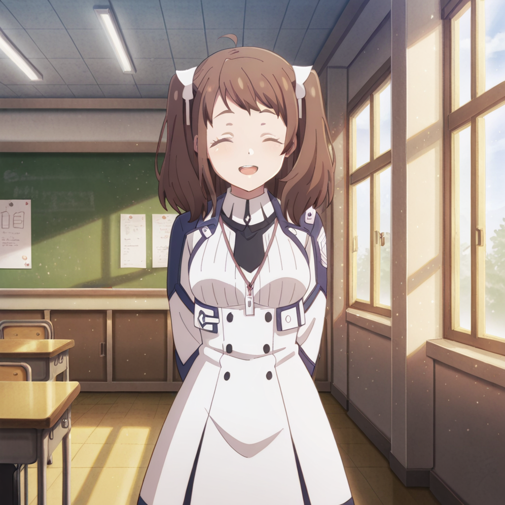 nsfw, masterpiece, best quality, amazing quality, 1girl, solo, the_misfit_of_demon_king_academy_misa_ilioroagu, closed eyes, brown hair, twintails, open mouth, arms behind back, smile, bag, ahoge, dress, hair ornament, day, indoors, classroom, <lora:Misa_Ilioroagu_-_The_Misfit_of_Demon_King_Academy:0.7>