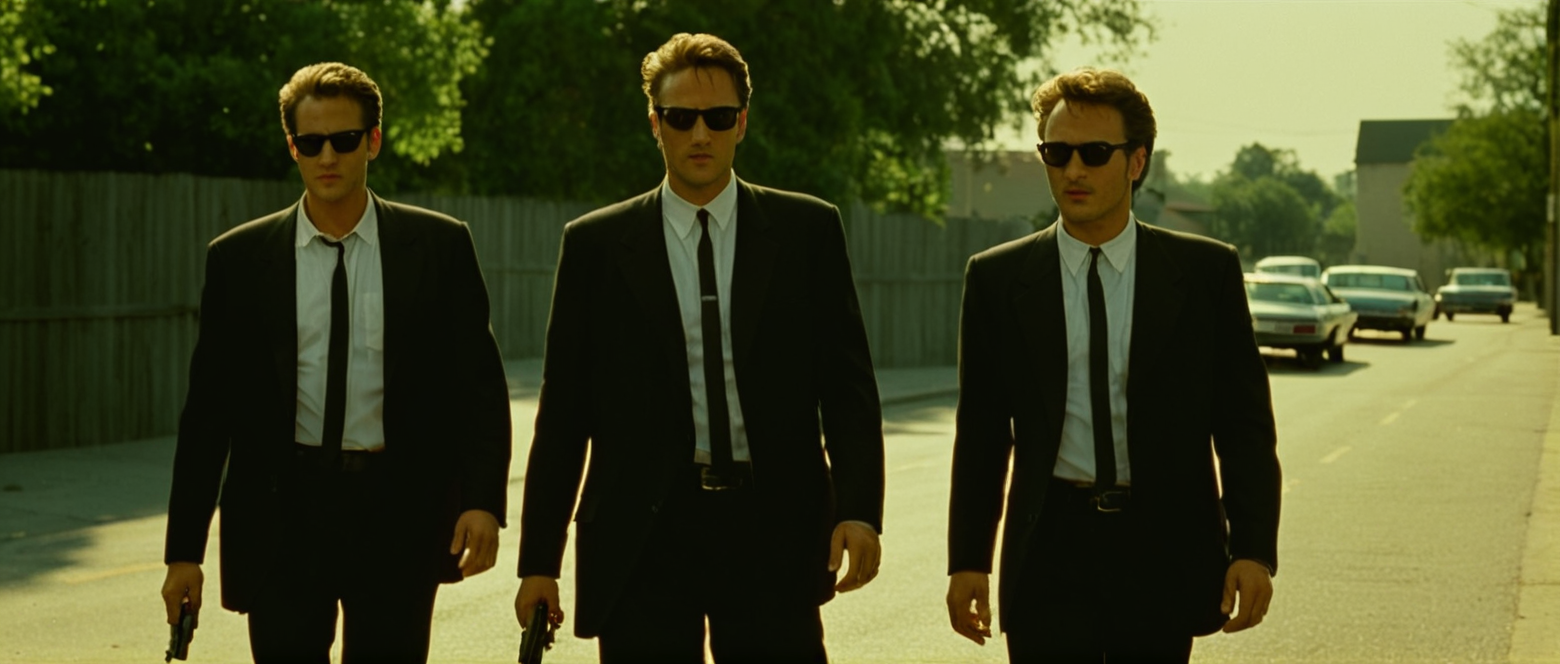 cinematic film still of  <lora:Reservoir Dogs style:1>
Cinematic 1992 image focus of Cinematic 1992 image focus of two men in suits and sunglasses walking down a street,shirt,jacket,white shirt,weapon,male focus,outdoors,multiple boys,necktie,pants,2boys,tree,black jacket,gun,facial hair,black pants,formal,sunglasses,suit,ground vehicle,building,motor vehicle,fence,car,road,Kodak film grain,dramatic light,dramatic shadow light,contrast,saturated color,cinematic,filmic,motion picture,realistic,realism,perfection,perfect,deep focus,clean image , Kodak film grain, dramatic light, dramatic shadow light, contrast, saturated color, cinematic, filmic, motion picture, realistic, realism, perfection, perfect, deep focus, clean image, Reservoir Dogs style, Reservoir Dogs 1992 Film style, shallow depth of field, vignette, highly detailed, high budget, bokeh, cinemascope, moody, epic, gorgeous, film grain, grainy