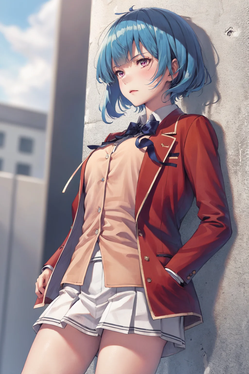 masterpiece, best quality, highres, 1girl ibuki mio short hair blue hair, white skirt red jacket open jacket <lora:ibuki_mio:1> leaning back, against wall, hands in pockets