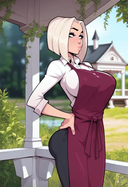 masterpiece, best quality, amazing quality, 1girl, solo, large breasts, Leaning back with hands on the hips, from_behind, Maroon Apron, tri drills, bob, Platinum Blonde hair, gazebo, full_body, <lora:Illustrous\cherry_mouse_street_IL:1.0>