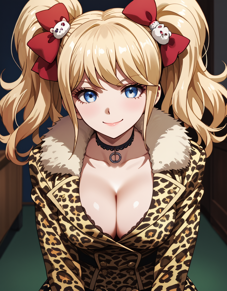 score_9, score_8_up, score_7_up, score_6_up, score_5_up, score_4_up, source_anime  <lora:Danganronpa3:1>, portrait, smile,  junko, cleavage, blonde hair, blue eyes, long hair, skirt, hair ornament, leopard print, twintails, bow, black choker, hair bow, rabbit hair ornament, bangs, red nails, fur trim,