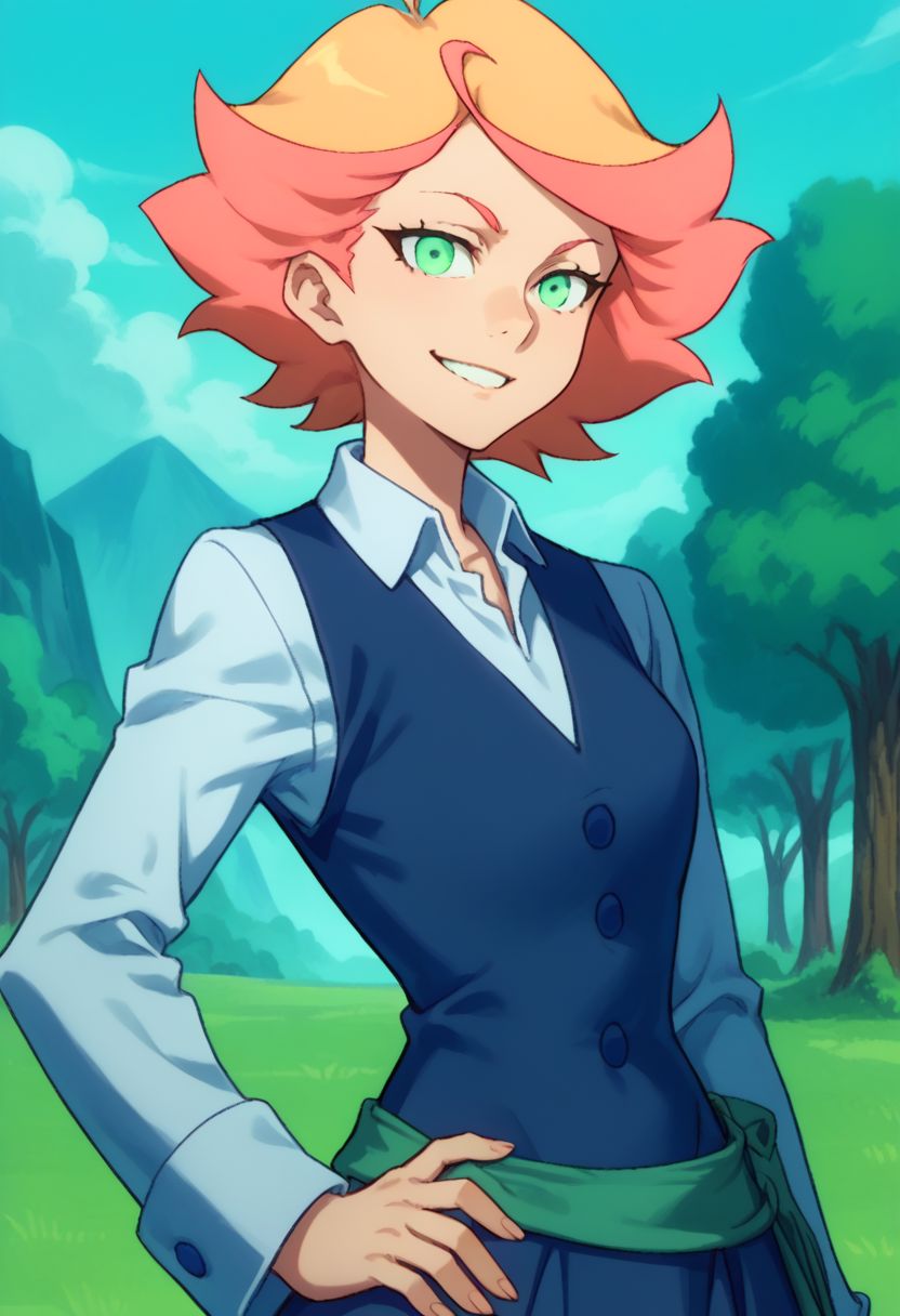 score_9, score_8_up, score_7_up, source_anime, highly detailed, 
amanda, 1girl, solo, orange hair, smile, school uniform, luna nova school uniform, green eyes,
short hair, multicolored hair, looking at viewer, hand on hip, upper body,
outdoor,