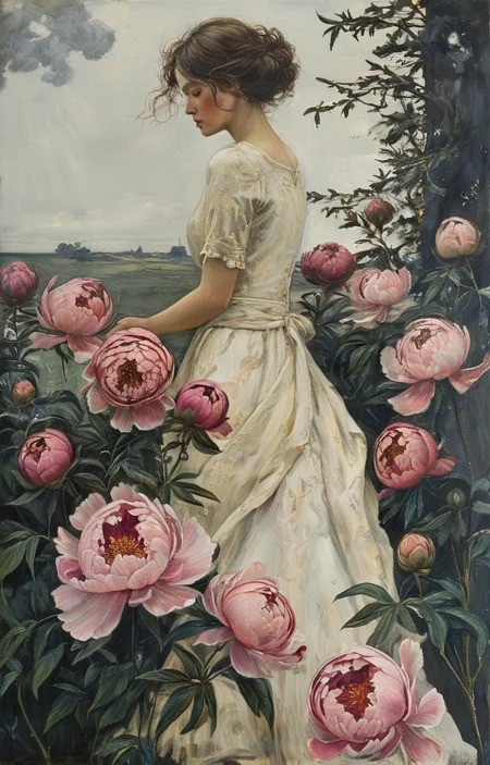masterpiece,best quality,<lora:tbh379-sdxl:0.6>,illustration,style of jeanne du Maurier
 decaying peonies