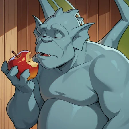broadwayxl, anthro, teal gargoyle, wings, solo, cartoon, upper body, closed eyes, eating apple, fat, parted lips
