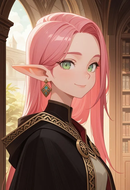 masterpiece, best quality, amazing quality,,<lora:afkArenaIllustrious:1>
afkarenastyle,
1girl, female elf, solo, portrait, female focus, pink hair, green eyes, slim, long hair, hair swept to one side, light skin, smile, looking at viewer, outdoors, beautiful, black cloak with gold trimming, earrings, indoors, arcane library