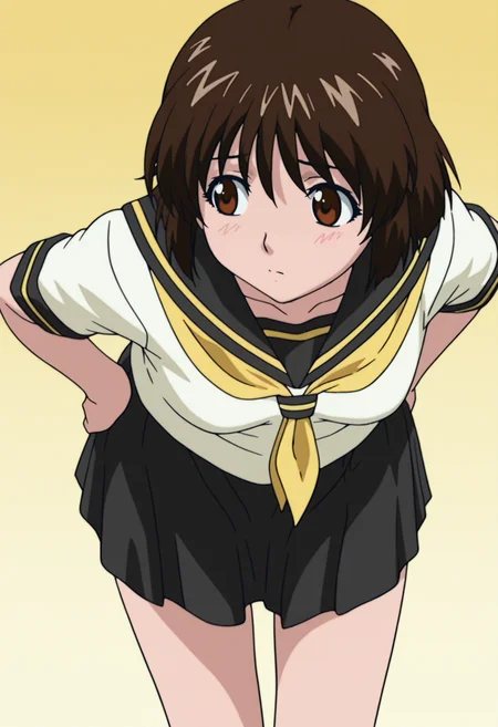 masterpiece, best quality, amazing quality, anime coloring, anime screencap, solo, 1girl, <lora:DX888KoishiIL:1> herikawa koishi, brown hair, short hair, brown eyes, serafuko, yellow neckerchief, black skirt BREAK ( simple background:1.3), yellow background gradient background, BREAK dynamic pose, bent over, cowboy shot,