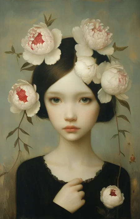 masterpiece,best quality,<lora:tbh278-sdxl:0.9>,illustration,style of  Stephen Mackey, decaying peonies