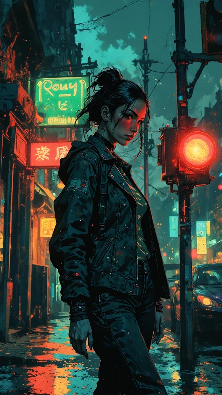 High-resolution semi-realistic anime-style illustration, expressive painterly shading. A young woman walks along the neon-lit sidewalk, bathed in the electric glow of city lights. Her sleek jet-black hair is pulled into a high ponytail, loose strands framing her confident smirk as she strides forward, hands tucked casually into the pockets of her fitted jacket. The reflections of neon signs ripple across the wet pavement, their deep twilight blues and fiery reds casting moody highlights on her figure. A vivid green neon sign flickers beside her, its glow washing over her sharp features, illuminating her cheekbones and the edge of her half-lidded eyes with an eerie, captivating contrast. The red glow of a stoplight paints her lips in a soft, sultry hue as she exhales, lost in the hum of the night. The distant roar of engines, the low murmur of passing conversations, and the flickering of old neon signs blend into the air, capturing the thrill of the midnight city and the effortless energy of a woman who owns the streets. <lora:Niji_anime_style_flux:0.6> <lora:car1ar1_cap_d6a3:0.6> <lora:Vibrantly_Dark_style_v.1:0.8> <lora:Anime_v1.3:0.8>