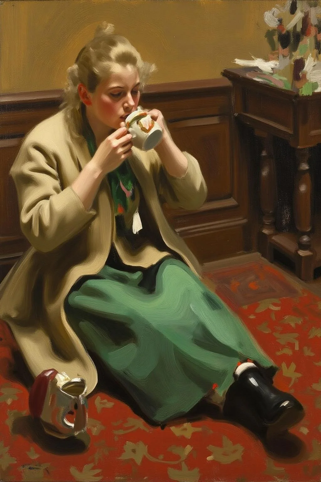 anderszorn1 painting of a blonde woman, sitting on the floor drinking coffee. <lora:anderszorn2_cap_d6a3:1.0><lora:836982817243119017:0>