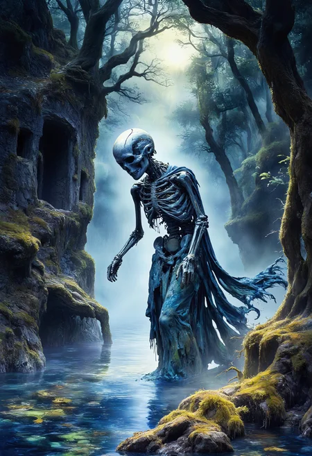 positiv Clip L: Studio Ghibli Dark Fairytale, DarkAtmosCE style, Delirium style,    Art in the style of gothic watercolor and ink. A haunting illustration of a skeletal, undead creature emerging from a moonlit swamp. The figure is gaunt and decaying, with translucent flesh clinging to its bones, rendered in ghostly washes of pale blue and ashen gray. Its hollow eye sockets glow faintly with a sickly green light, casting eerie reflections on the murky water below. The swamp is shrouded in mist, with twisted, leafless trees draped in cobwebs and gnarled roots breaking the waterâs surface. Delicate ink lines define cracks in the creatureâs bones and the ripples around its feet, while splatters of dark crimson mimic dried blood on its tattered robes. The background fades into abstract watercolor texturesâdeep indigo skies, inky black shadows, and hints of a crumbling stone ruin half-swallowed by the swamp. The style is ethereal yet macabre, blending soft, blended washes with sharp, unsettling details to create a hypnotic, otherworldly mood. No humans, only the undead and the suffocating silence of the marsh. positiv Clip G: Studio Ghibli Dark Fairytale, DarkAtmosCE style, Delirium style,    Art in the style of gothic watercolor and ink. A haunting illustration of a skeletal, undead creature emerging from a moonlit swamp. The figure is gaunt and decaying, with translucent flesh clinging to its bones, rendered in ghostly washes of pale blue and ashen gray. Its hollow eye sockets glow faintly with a sickly green light, casting eerie reflections on the murky water below. The swamp is shrouded in mist, with twisted, leafless trees draped in cobwebs and gnarled roots breaking the waterâs surface. Delicate ink lines define cracks in the creatureâs bones and the ripples around its feet, while splatters of dark crimson mimic dried blood on its tattered robes. The background fades into abstract watercolor texturesâdeep indigo skies, inky black shadows, and hints of a crumbling stone ruin half-swallowed by the swamp. The style is ethereal yet macabre, blending soft, blended washes with sharp, unsettling details to create a hypnotic, otherworldly mood. No humans, only the undead and the suffocating silence of the marsh.