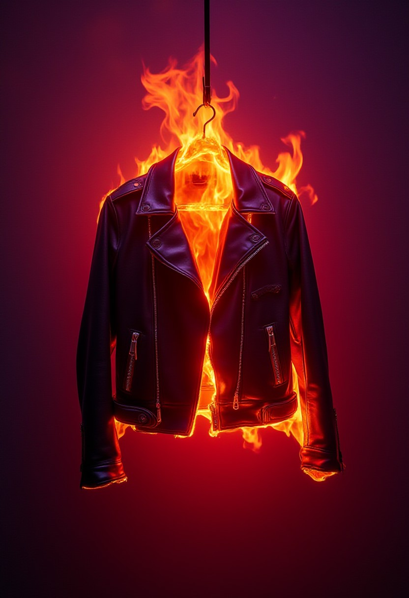 A leather jacket hangin on a coathanger completely engulfed in flames, inferno, blazing, concept art, masterpiece, perfect lighting, purple flames, 4k, absurdres,