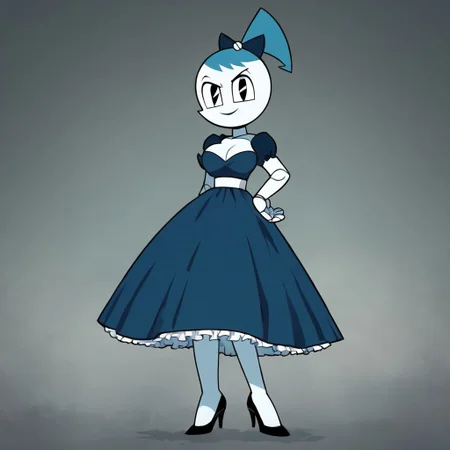 (Masterpiece, best quality:1.2), score_9, score_8_up, flat color, flat shading, soft shading, lighting, Jenny Wakeman as an adult, (((in a 1950's full length formal dark blue dress, a white belt, a fluffy frilly ruffled full white petticoat, and black high heels))), dress, layered petticoat, frilly petticoat, fluffy petticoat, full petticoat, detailed petticoat, wide skirt, detailed outfit, flowing skirt, (((long skirt))), (((solid dark blue colored dress, black high heels))), blue hair, series accurate, cute, best high quality, high res, robot, humanoid robot, (((giant breasts, cleavage))), whole body shot, 1girl, (((solo, outside, in a dark creepy forest, at night, heavy fog surrounding her, fog, heavy fog, looking at you, low angle))), (((evil, evil smile, determined evil eyes, posing gracefully and evilly))), low angle shot, cartoon, cartoon style, vector, solo, circle dress, 1950s, dance dress jenny, jenny wakeman, 1girl, solo, robot joints, black eyes, white skin, ponytail, hair bow, blue rose chest corsage, poofy dress, blue hair, flat lighting,